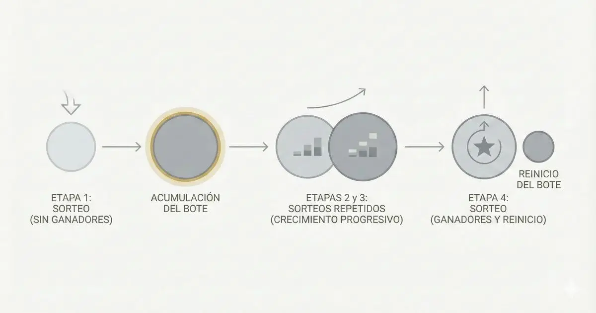 Diagrama que explica el ciclo de acumulación y reinicio del bote del Euromillones