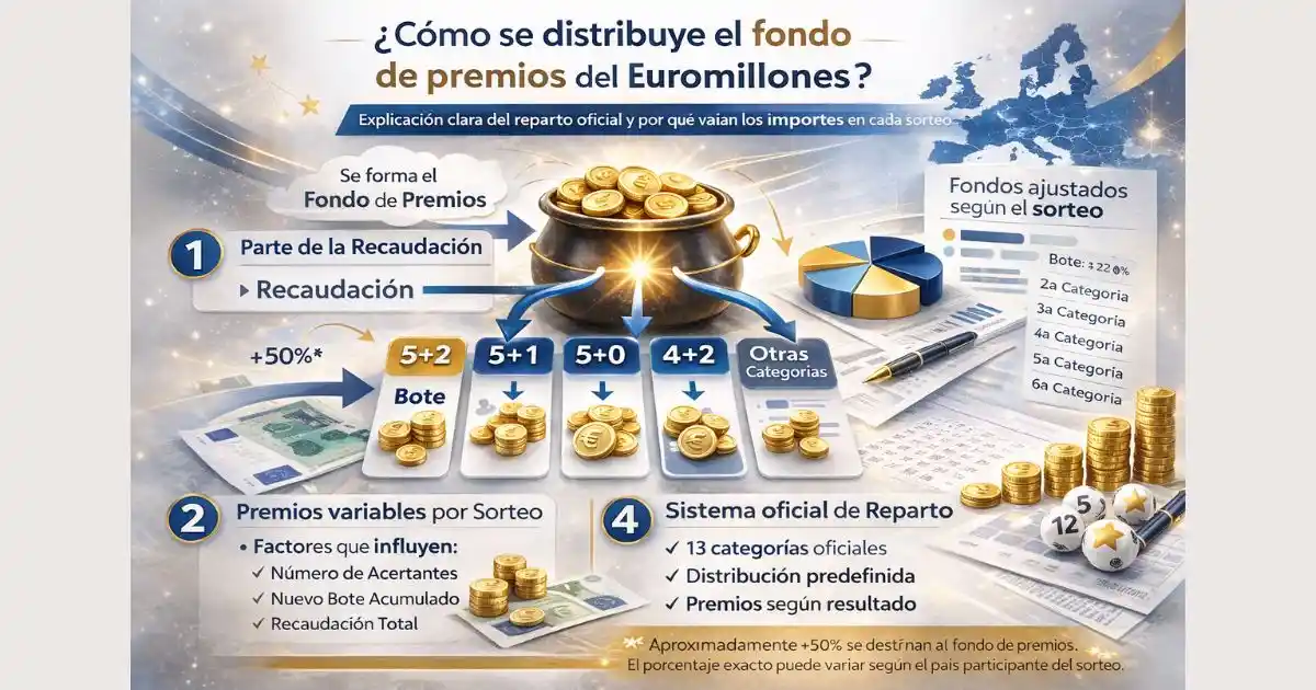 Infografía sobre cómo se reparte el fondo de premios del Euromillones entre categorías oficiales.