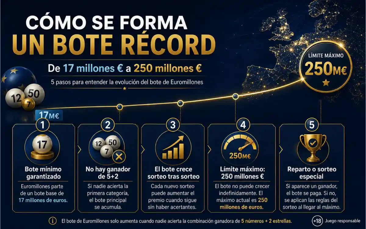 Infografía sobre cómo se forma un bote récord de Euromillones hasta alcanzar el límite máximo de 250 millones de euros.